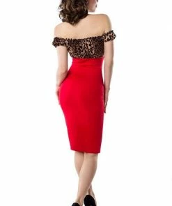 Belsira Vintage Pencil Dress Red With Leopard Clothing