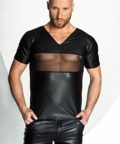 Noir Handmade Poland Men`s Eco-leather T-Shirt With Mesh