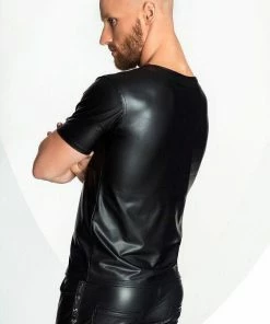 Noir Handmade Poland Men`s Eco-leather T-Shirt With Mesh