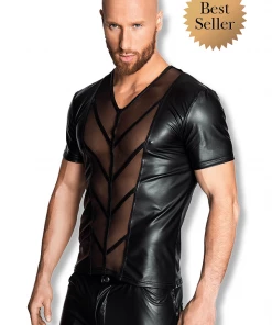 Noir Handmade Poland Mens Clothing And Lingerie Men`s Wet-look T-Shirt With Sexy Stripes