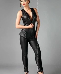 Me Seduce Wet Look Black Jumpsuit With Zipper Front