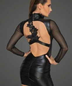 Noir Handmade Poland Long Sleeved Mesh And Wet-look Dress