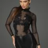 Noir Handmade Poland Long Sleeved Mesh And Wet-look Dress