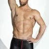 Noir Handmade Poland Mens Clothing And Lingerie Extravagant Men`s Leather Look Shorts With Red Zipper