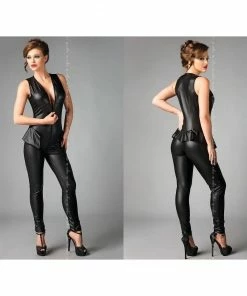 Me Seduce Wet Look Black Jumpsuit With Zipper Front