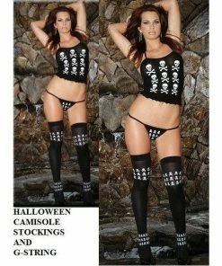 Elegant Moments USA Halloween Skull Print Opaque Cami Set With Stockings