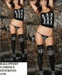 Elegant Moments USA Halloween Skull Print Opaque Cami Set With Stockings