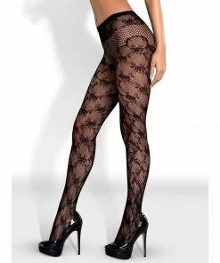 Obsessive Lingerie Poland Spicy Black Tights Open Crotch And Floral Design Hosiery